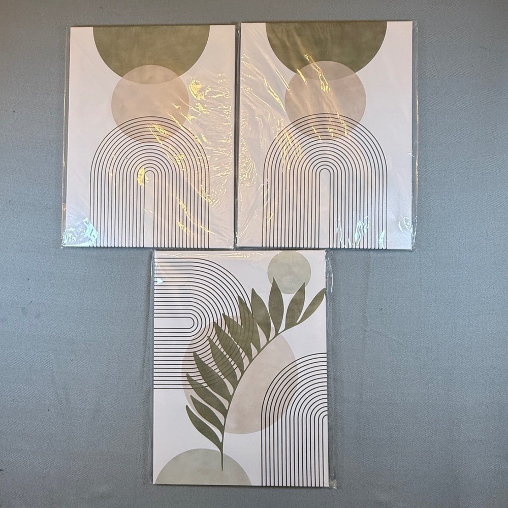 3pc Mid Century Modern Boho Canvas Wall Art Set Sage Green Abstract Arches Leaf